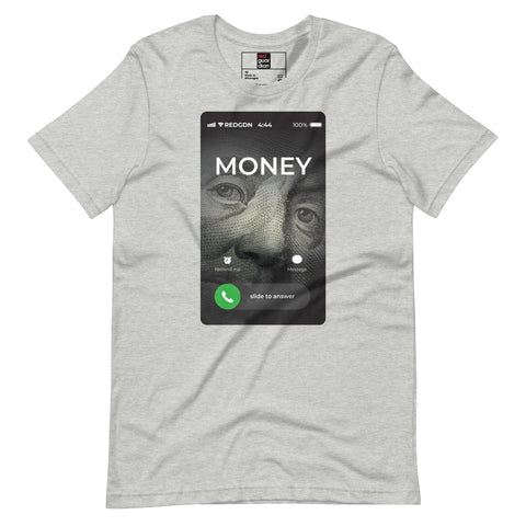 RedGuardian light grey unisex t-shirt with a graphic of a cellphone screen showing a call from "MONEY" with Benjamin Franklin's face.