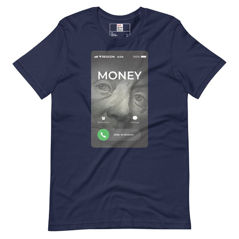 RedGuardian navy blue unisex t-shirt with a graphic of a cellphone screen showing a call from "MONEY" with Benjamin Franklin's face.