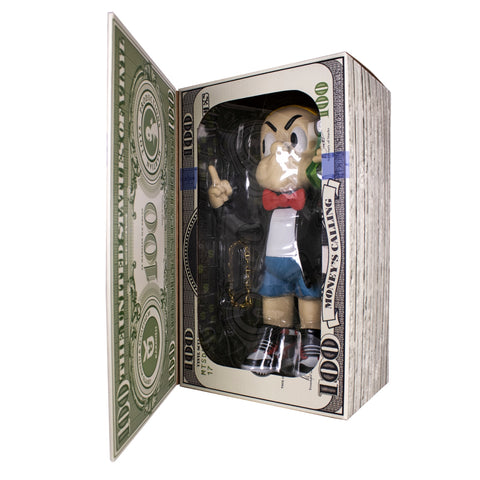 RedGuardian Money's Calling vinyl figure with real chain, red bow tie, blue shorts, and sneakers. Limited edition.