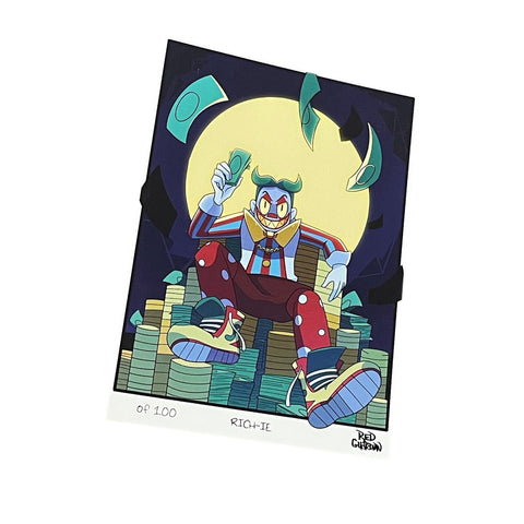 RedGuardian "Money's Calling/Clowns of Wall Street" print featuring a clown character sitting on stacks of money, holding cash, with money falling around him. Limited edition of 100.