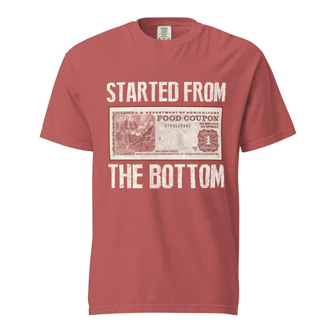 RedGuardian "Started from the Bottom" graphic t-shirt with a retro food stamp design. 100% cotton, garment-dyed, relaxed fit.