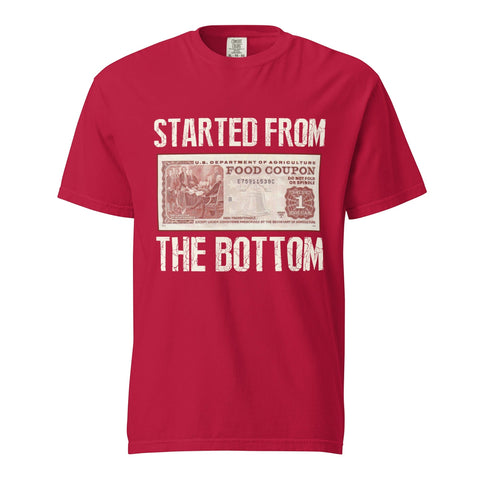 RedGuardian red cotton t-shirt with "Started from the Bottom" text and a vintage food coupon graphic.