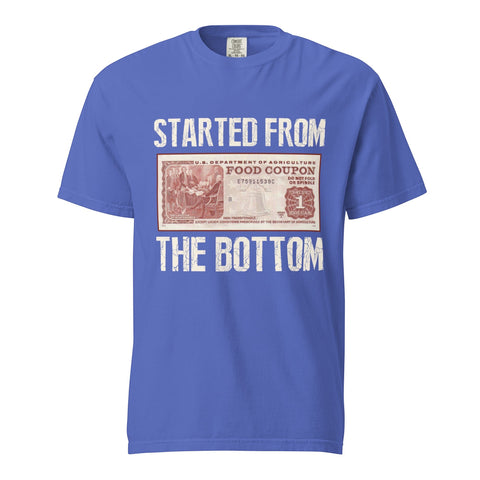 RedGuardian blue 100% cotton heavyweight t-shirt with "Started from the Bottom" and a retro food stamp graphic.