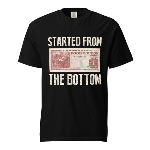 RedGuardian black unisex garment-dyed heavyweight t-shirt with "Started from the Bottom" text and a retro food stamp graphic.
