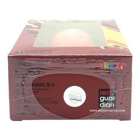 RedGuardian x Trexii collaboration vinyl toy packaging, featuring bold red and yellow graphics and warning labels.
