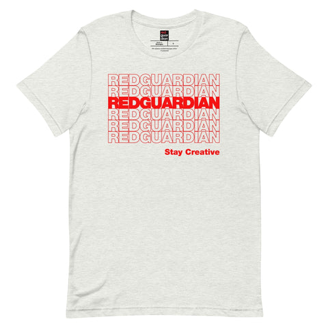 RedGuardian unisex t-shirt in heather grey with repeated red 'REDBARRIER' text and 'Stay Creative' slogan.