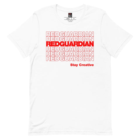 RedGuardian white unisex t-shirt with repeating red text "REDGUARDIAN" and "Stay Creative" slogan. Made from 100% cotton.