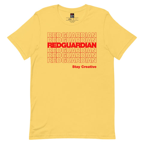 RedGuardian yellow unisex t-shirt with repeating red "REDGUARDIAN" text and "Stay Creative" slogan.
